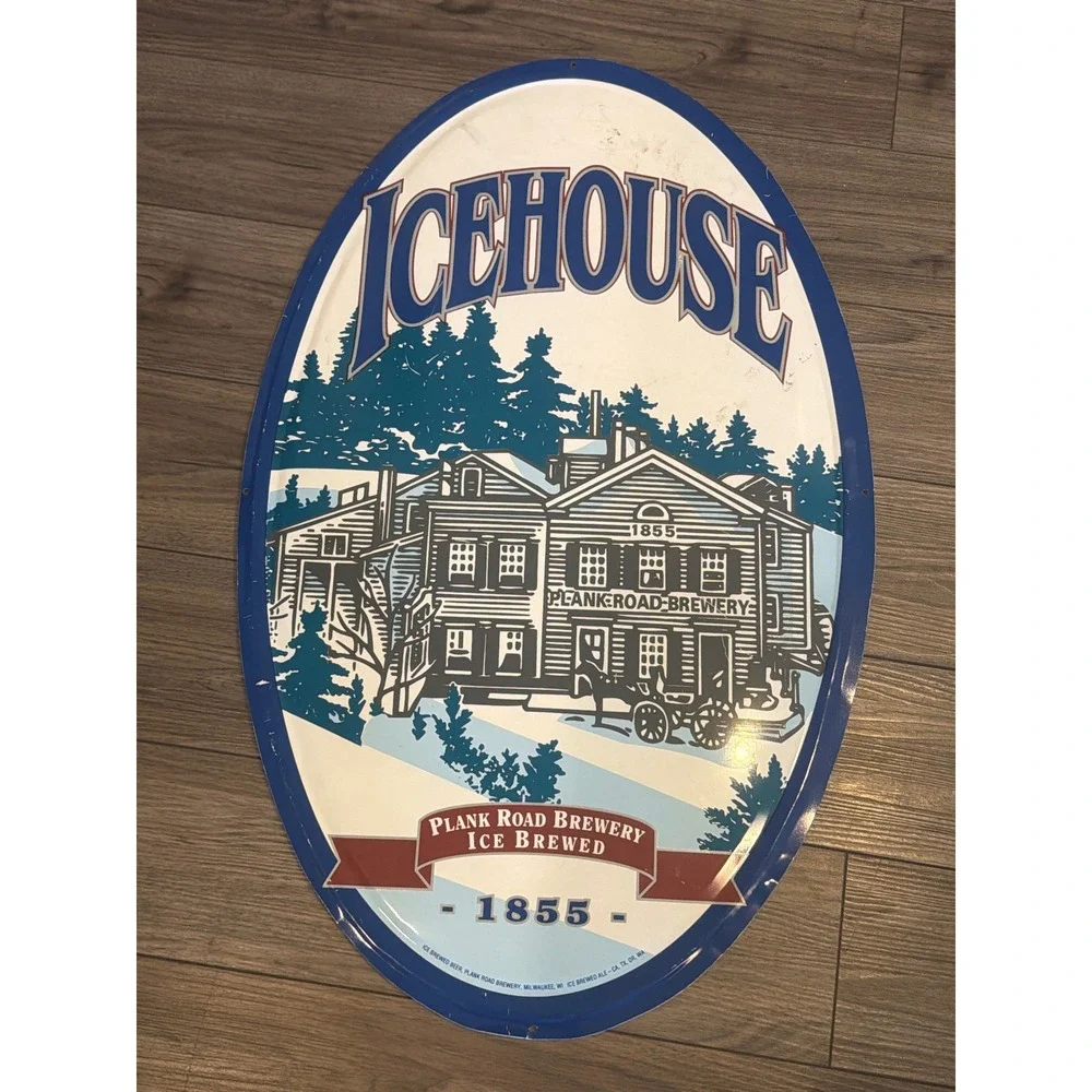 Vintage Icehouse Beer Plank Road Brewery 1855 Oval Metal Sign Tacker 31
